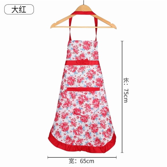 Women's Floral Kitchen Apron with Pockets & Adjustable Waist Belt, Reusable Bib Apron for Home & Restaurant, 28x24 Inch Large Red