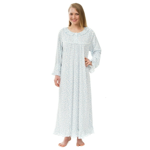 Women's Floral Knit Victorian Robe Nightgown, Long Sleeved Blue Floral