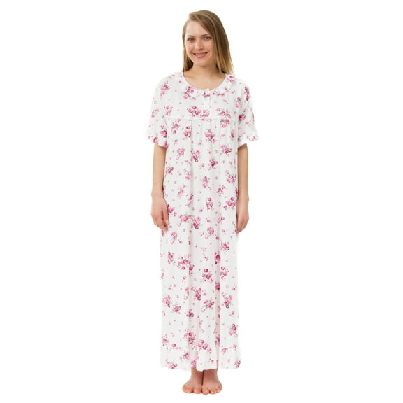 Women's Floral Knit Victorian Robe Nightgown, Short Sleeved Pink Floral