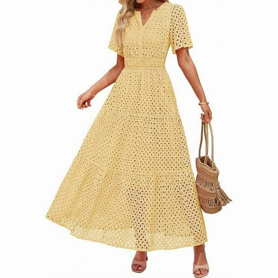 Women's Floral Lace A-Line Maxi Dress - Romantic Tiered Summer Dress with Elastic Waist