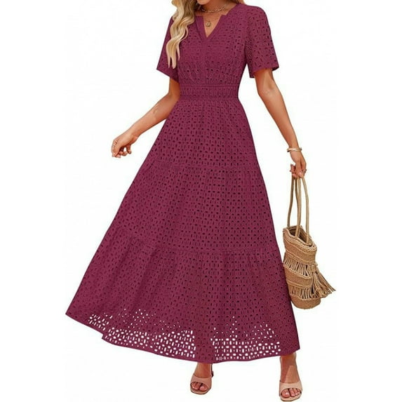 Women's Floral Lace A-Line Maxi Dress - Romantic Tiered Summer Dress with Elastic Waist
