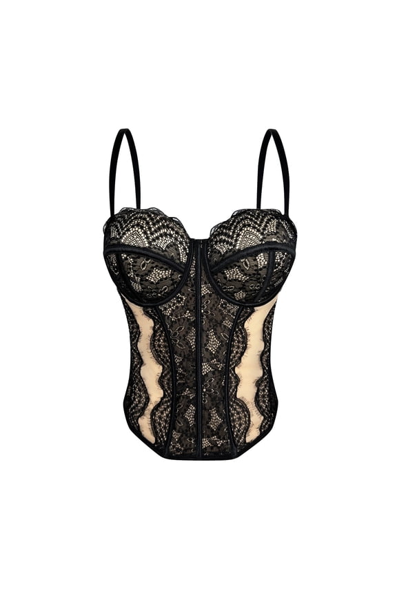 Women's Floral Lace Bustier Spaghetti Strap Sheer Mesh Corset Top Sleeveless Spaghetti-Strap Zipper Bodysuit Cami