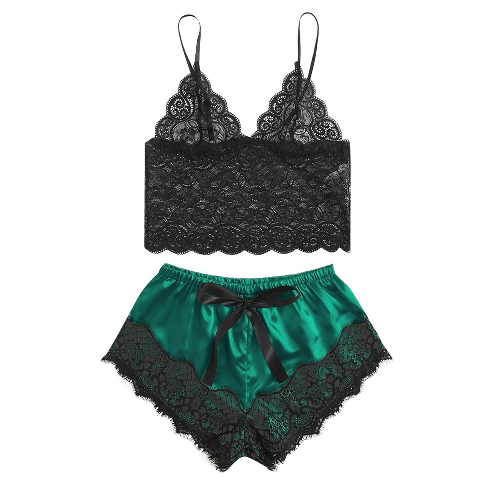 Shein- Contrast Lace Cami Top With Floral Satin Shorts Lingerie