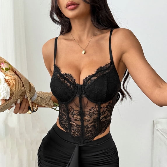 Women's Floral Lace Corset Crop Top Spaghetti Strap Bustier Rave Party Camisole Tank Tops Black-AC XS(XS)