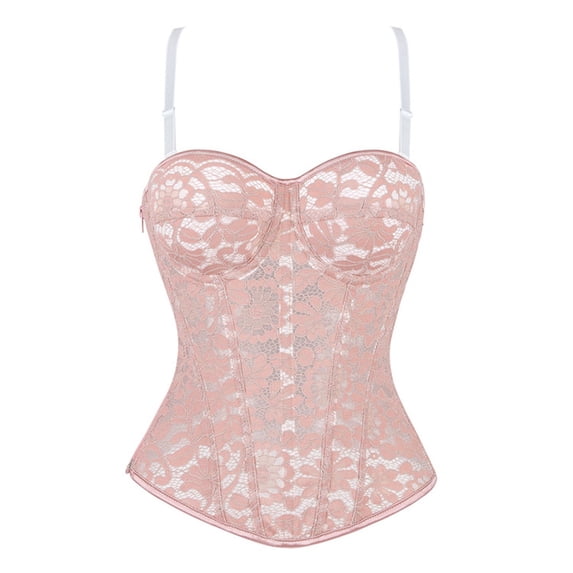 Women's Floral Lace Corset Top, Spaghetti Straps Underwire Bustier Going Out Camisoles Tops, Pink Size XXL