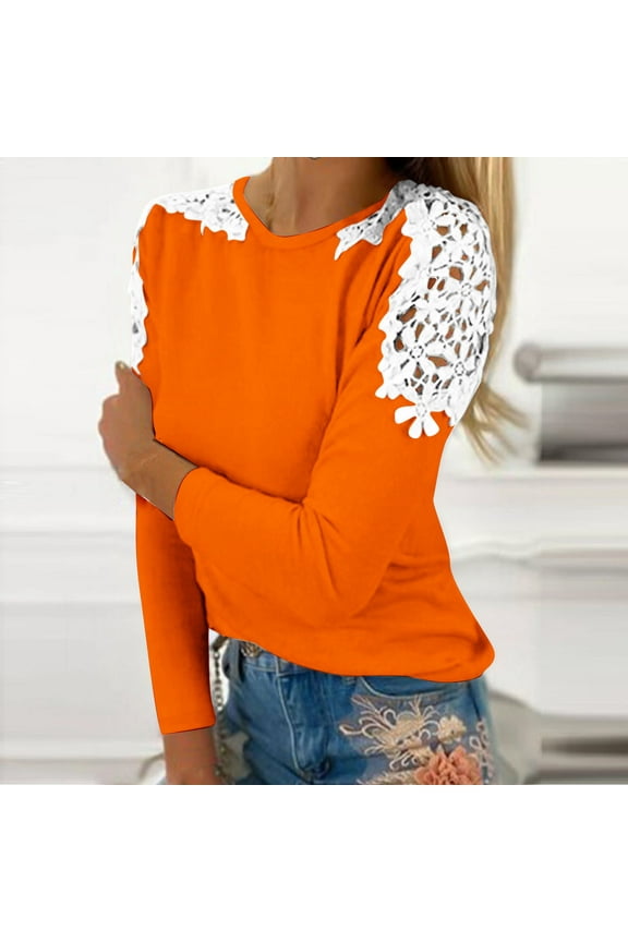 Women's Floral Lace Crochet Tops Long Sleeve Shirts Fitted Tunic Trendy Blouses Dressy Causal Fall Clothing Orange XXL