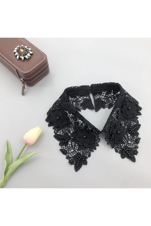 Women's Floral Lace Detachable Collar, Cutout Flower False Collar, Sheer Embroidered Bib Necklace, Adjustable Strap Layering Piece, Feminine Fashion Accessory, Elegant Blouse Top Collar - Black