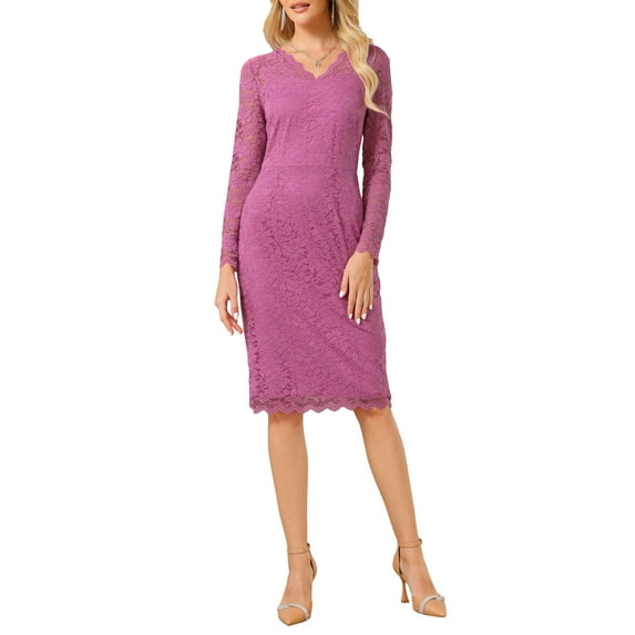 INSPIRE CHIC Mother's Day Women's Dress V Neck Floral Lace Sheer Long Sleeve Midi Cocktail Dress M Fushcia