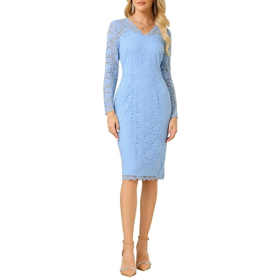 Women's Floral Lace Dress V Neck Long Sleeve Cocktail Wedding Bodycon Pencil Dresses S Light Blue
