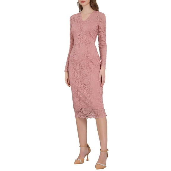 Women's Floral Lace Dress V Neck Long Sleeve Cocktail Wedding Bodycon Pencil Dresses S Pink