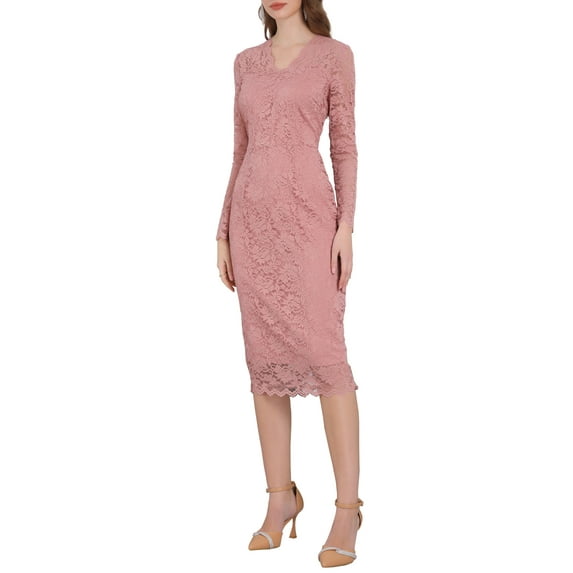 INSPIRE CHIC Women's Dress V Neck Floral Lace Sheer Long Sleeve Midi Cocktail Dress S Pink