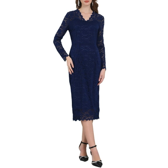 INSPIRE CHIC Women's Dress V Neck Floral Lace Sheer Long Sleeve Midi Cocktail Dress XL Navy Blue