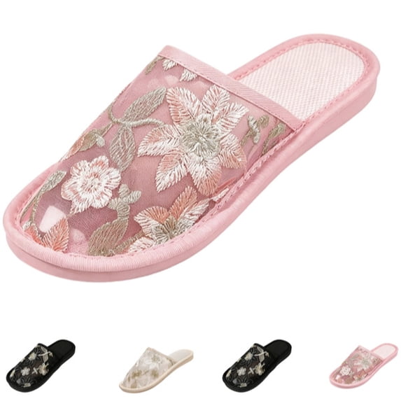 Women’s Floral Lace Embroidery Open Toe House Slippers, Breathable Mesh Slip On Indoor Bedroom Slippers Non Slip Soft Sole Casual Home Shoes for Ladies,Pink 39