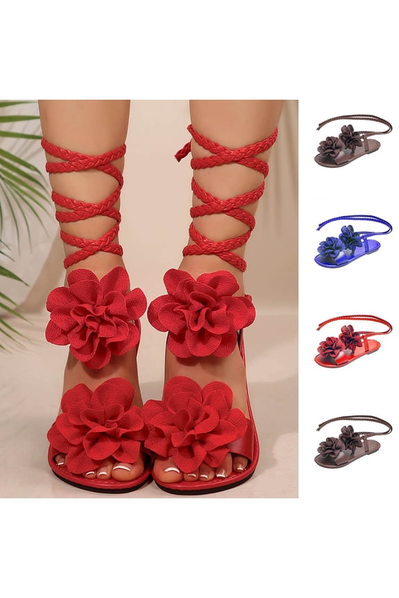 Women's Floral Lace Up Flat Sandals, Casual Solid Color Open Toe Gladiator Shoes with Braided Ankle Straps, Lightweight Walking Shoes for Women, Perfect for Summer Beach and Daily Outings