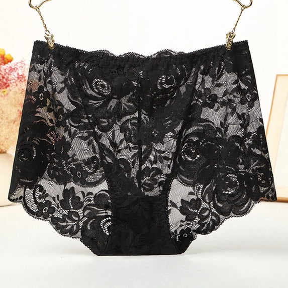 Women's Floral Lace High Waist Panties Full Coverage Mesh Breathable Sheer Underwear for Everyday Comfort and Confidence, Black, L