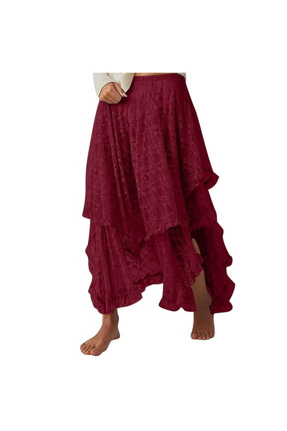 Women's Floral Lace Long Skirts Elastic Asymmetrical Layered See-Through Maxi Skirts Vintage Gothic Victorian Flowy Skirt
