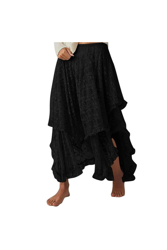 Women's Floral Lace Long Skirts Elastic Asymmetrical Layered See-Through Maxi Skirts Vintage Gothic Victorian Flowy Skirt