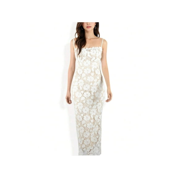 Women's Floral Lace Maxi Dress with Spaghetti Straps and Scalloped Hem - Small, White