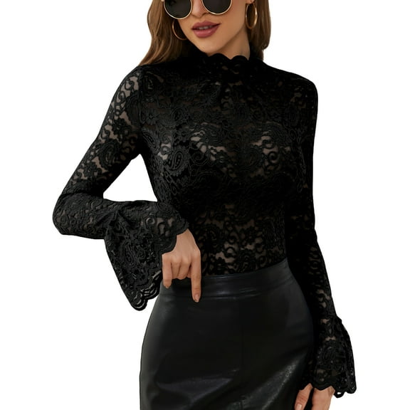 Women's Floral Lace Mock Neck Long Flounce Sleeve Pullover Sheer Slim Fit Stand Collar Blouse Top Black XL