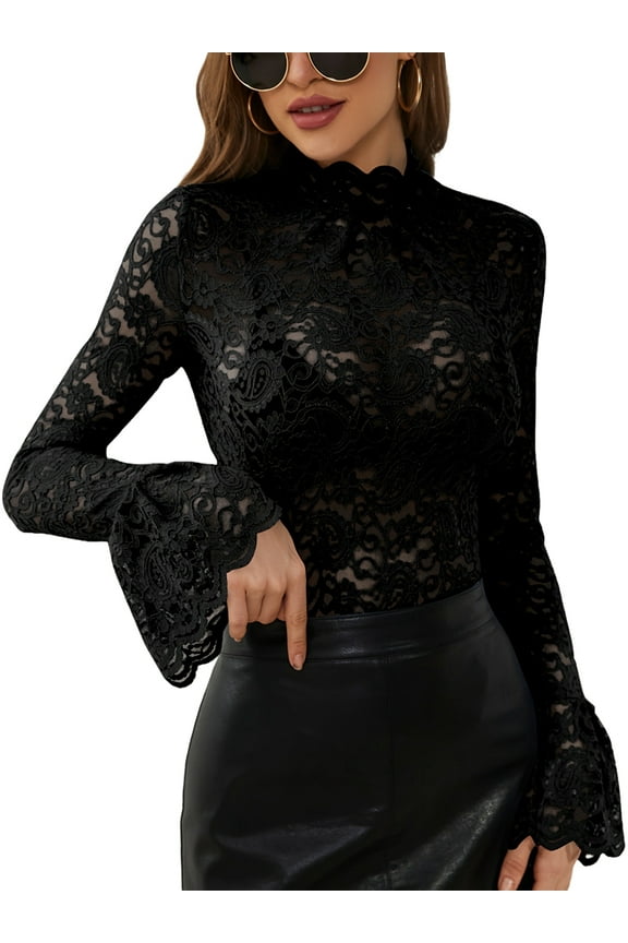 Women's Floral Lace Mock Neck Long Flounce Sleeve Pullover Sheer Slim Fit Stand Collar Blouse Top Black XL
