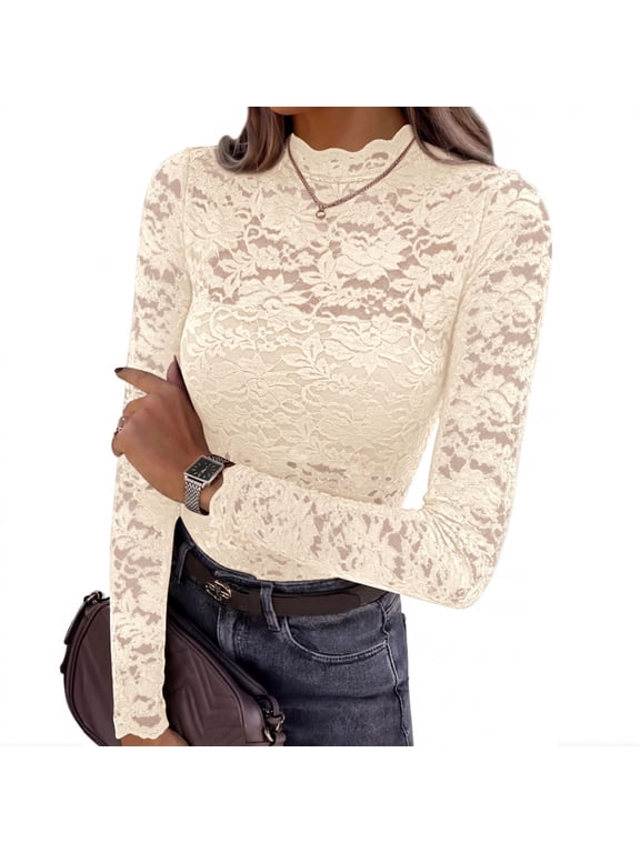 Women's Floral Lace Mock Neck Long Sleeve Shirt, Scalloped Edge Slim Fitted Lace Blouse Casual Layering Top Beige M