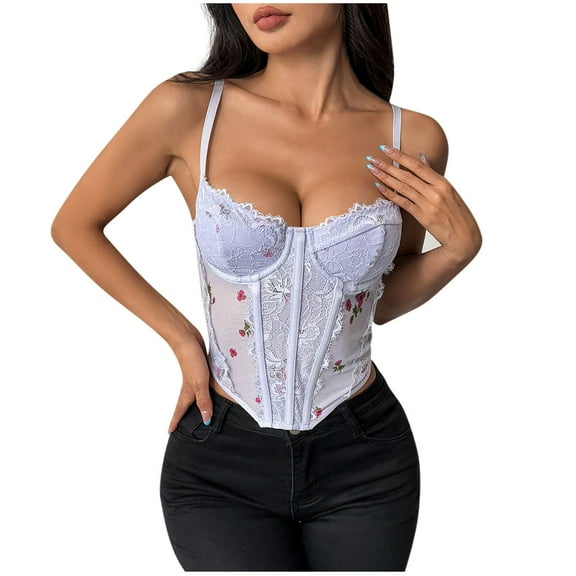Women's Floral Lace Overbust Corset Tops Embroidery Patterns White Spaghetti Strap Crop Top Purple M