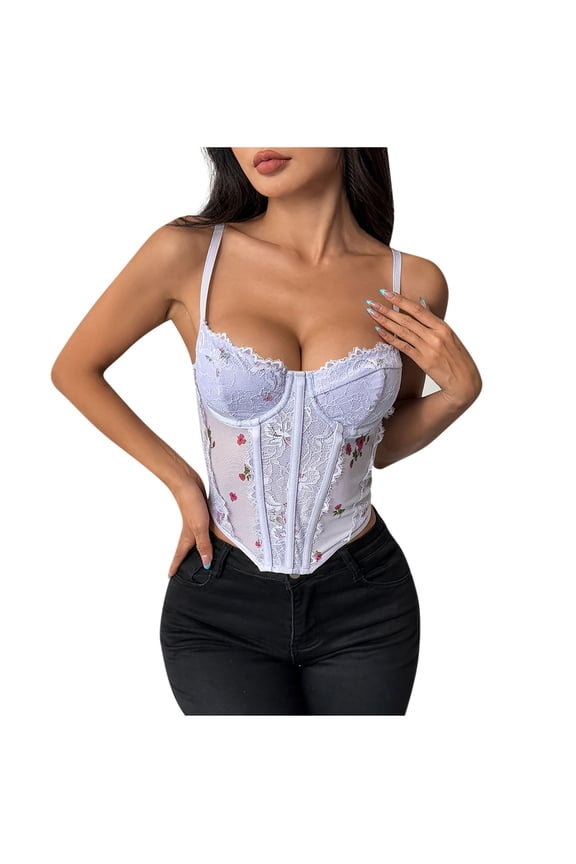 Women's Floral Lace Overbust Corset Tops Embroidery Patterns White Spaghetti Strap Crop Top Purple M