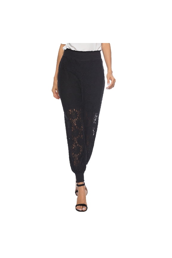 Women's Floral Lace Pants Tapered Leg Smocked High Waist Full Length Y2k Pants Sheer Casual Party Bloomers (3XL, Black)