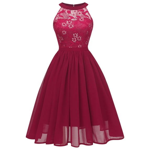 Women's Floral Lace Sexy Halter Dress Sleeveless Fit Flare Vintage Elegant Cocktail Dress Wedding Guest Formal Dress