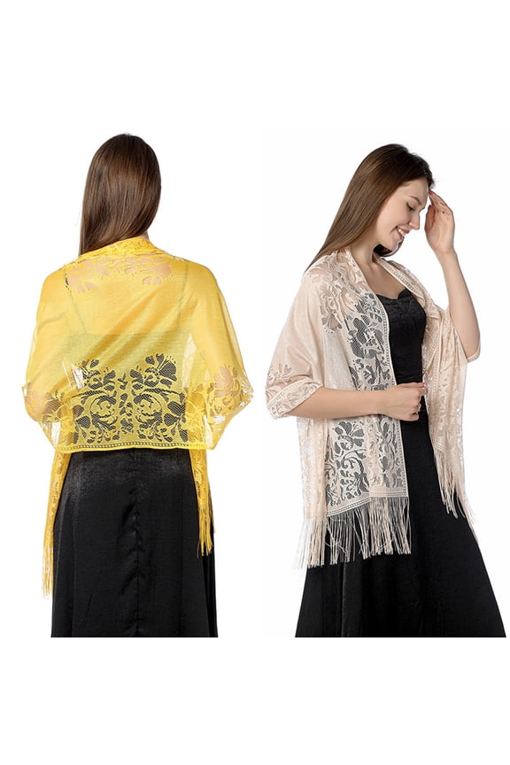 Women's Floral Lace Shawl with Tassels, Soft Mesh Fringe Wraps for Wedding Evening Party Dresses-2Pack