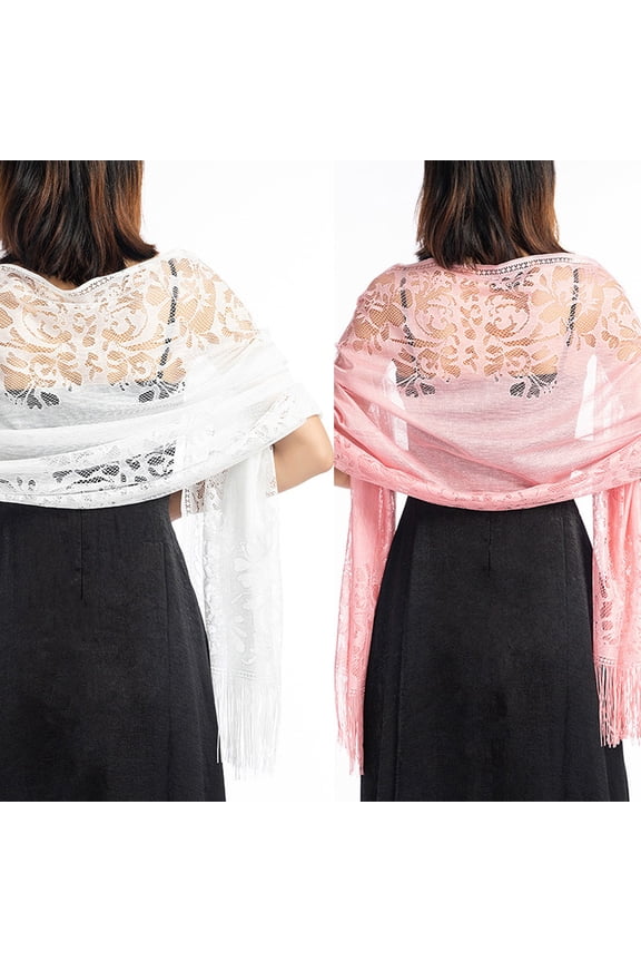 Women's Floral Lace Shawl with Tassels, Soft Mesh Fringe Wraps for Wedding Evening Party Dresses-2Pack