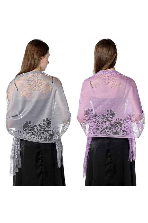 Women's Floral Lace Shawl with Tassels, Soft Mesh Fringe Wraps for Wedding Evening Party Dresses-2Pack