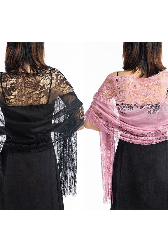 Women's Floral Lace Shawl with Tassels, Soft Mesh Fringe Wraps for Wedding Evening Party Dresses-2Pack