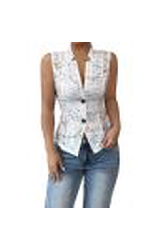 Women's Floral Lace Sheer Sleeveless Vest Blazer, Button Down Stand Collar Waistcoat Blouse Sexy Summer Going Out Shirts