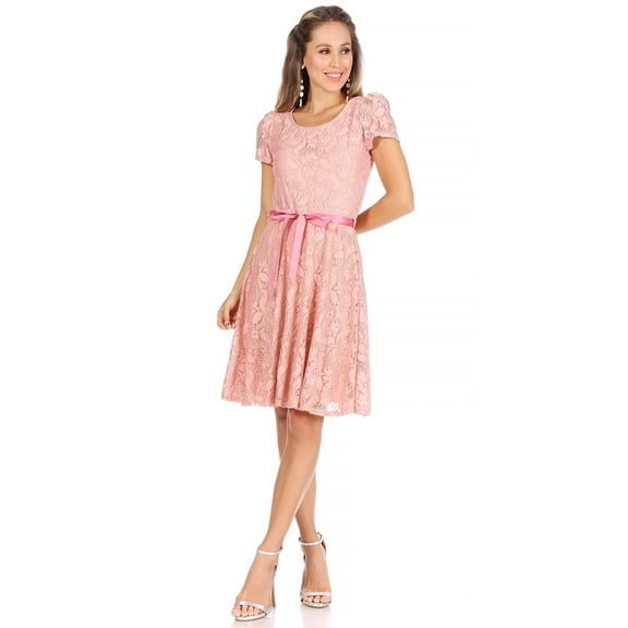 Women's Floral Lace Short Sleeve A-Line Formal Party Midi Dress