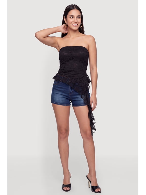 Women's Floral Lace Side Ruched Asymmetrical Ruffle Trim Tube Top