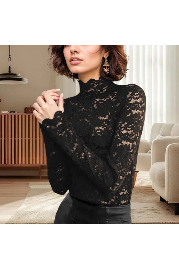 Women's Floral Lace Top Long Sleeve See Through Mesh Underwear Blouse Shirt T Pack Long Sleeve Undershirts for Women Oversized Tee for Women, Size S