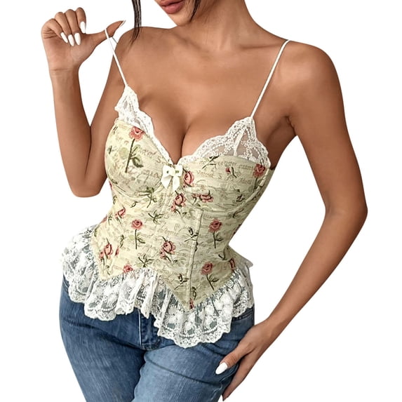Women's Floral Lace Trim Bustier Top Lace Up Back V Neck Spaghetti Straps Shapewear Beige L