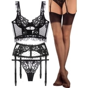 Womens Floral Lace Trim Underwire Bra and Embroidered Lace Thong and Garter and Stockings Underwear Set