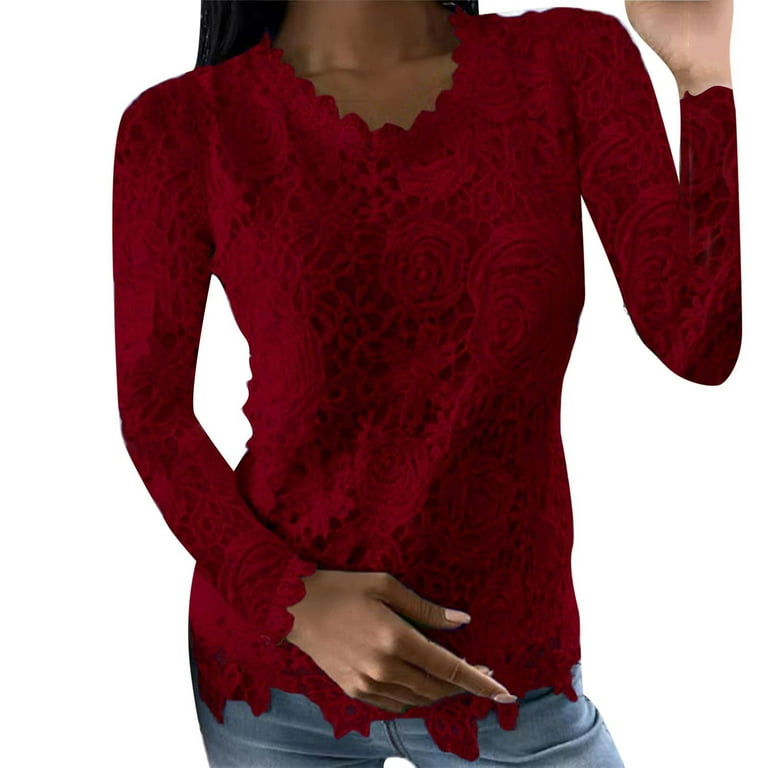 Red lace long sleeve shirt cheap