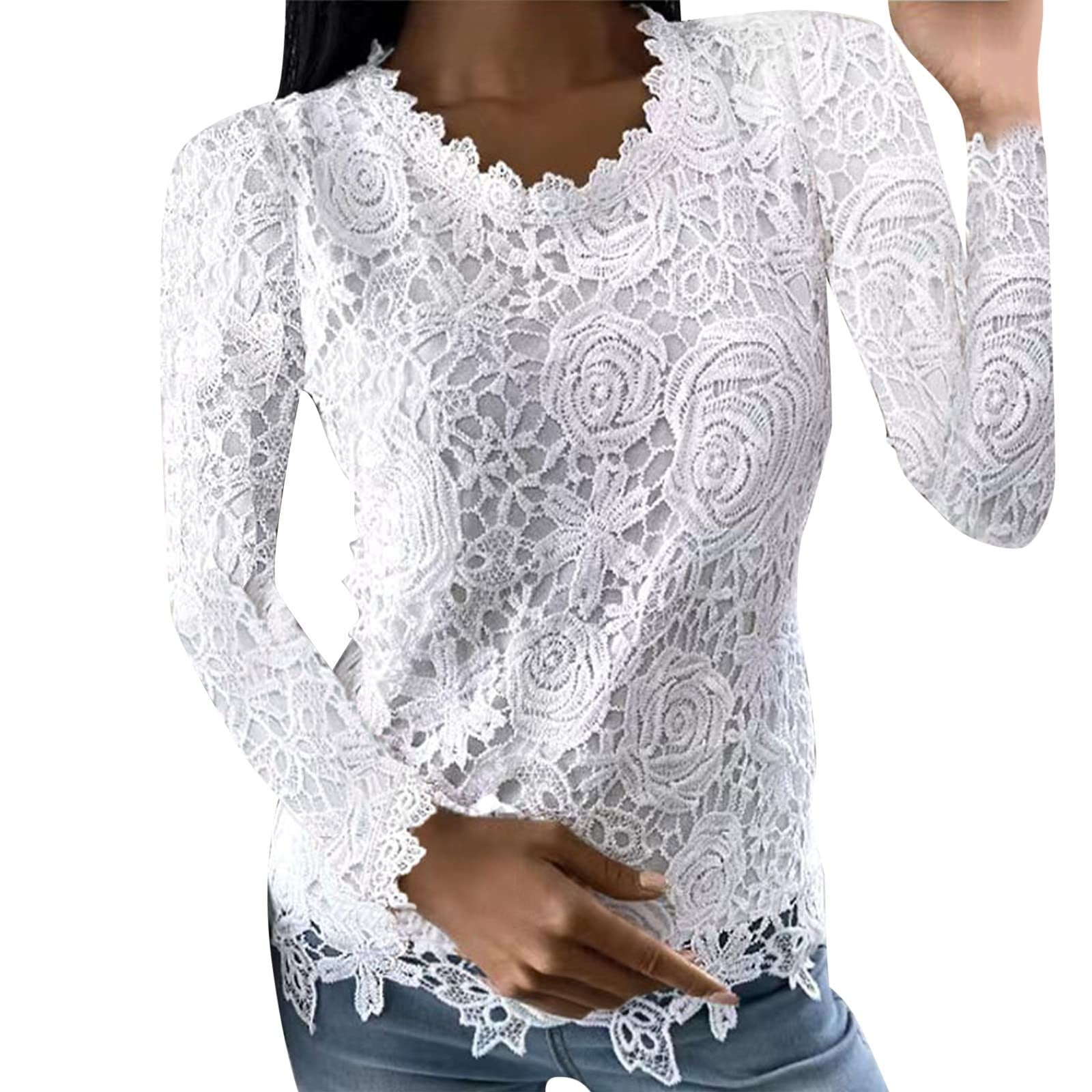 Women's Floral Lace Tunic Tops Elegant Crewneck Solid Color Long Sleeve  Shirts Casual Slim Fit Fall Spring Blouses 
