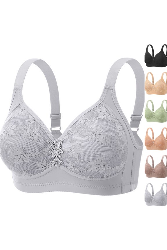 Women's Floral Lace Underwire Support Bra, Leaf Pattern Full Coverage Adjustable Wide Strap Everyday Push Up Bra Silver 42