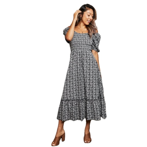 Women's Floral Lace-Up Off-Shoulder Midi Dress with Square Neck Short Puff Sleeves and A Line Hem 100% Polyester