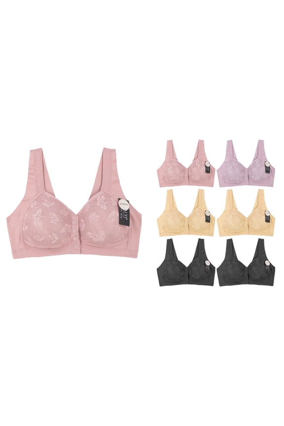 Women's Floral Lace Wide Strap Snap Button Closure Wireless Bra Set Pack of 6 (Multicolor, 42C)