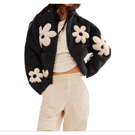 Women’s Floral Lamb Wool Zipper Cardigan Warm Long Sleeve Soft Knit Top Stylish Winter Sweater