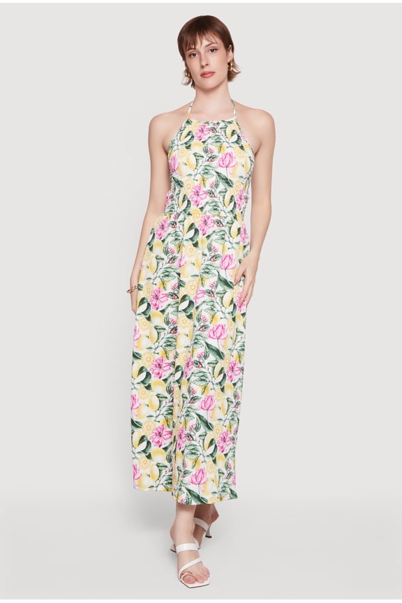 Women's Floral Lemon Print Tie Back Halter Dress with Keyhole Back
