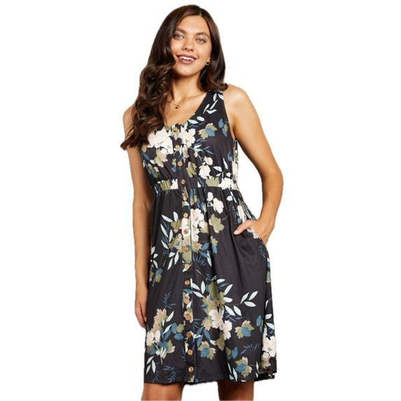 Women's Floral Leopard Print Sleeveless Buttoned Scoop Neck Mini Elegant Dress with Pockets 95% Polyester 5% Elastane