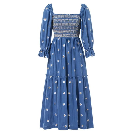 Women's Floral Long Dress Evening Spring Autumn Clothes Long Sleeve Square Neck Embroidered Loose Swing Dress Street Wear-b-M