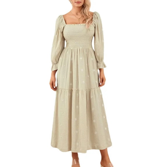 Women's Floral Long Dress Evening Spring Autumn Clothes Long Sleeve Square Neck Embroidered Loose Swing Dress Street Wear-h-S