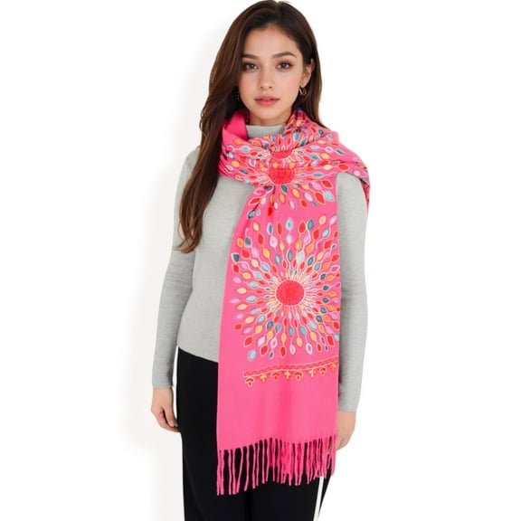 Women's Floral Mandala Embroidered Scarf with Fringed Edges and Lightweight Fabric-Rose